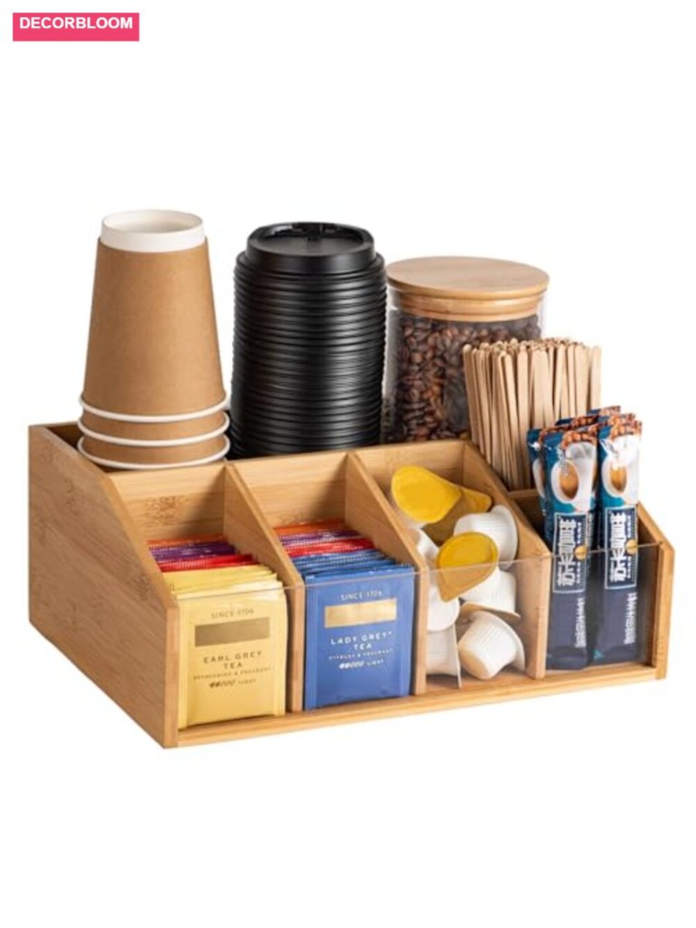 Bamboo Coffee Station Organizer with 6 Compartments Countertop Tea Bag